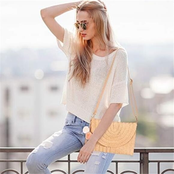 Straw Shoulder Bag Clutch Straw Crossbody Bag Beach Straw Handmade Bag Woven - Picture 6 of 7